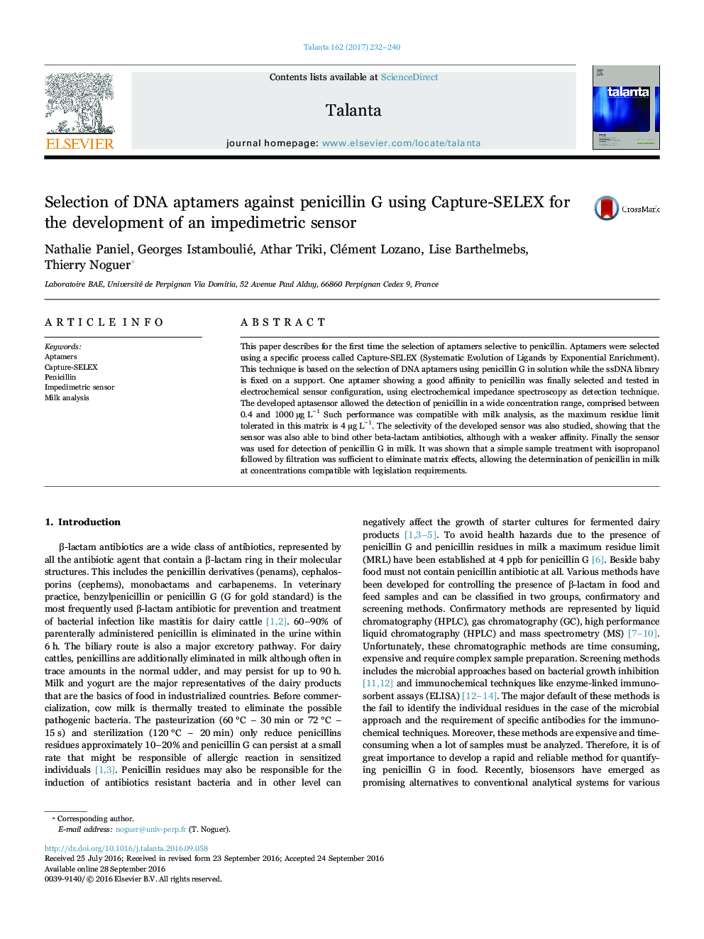 Selection of DNA aptamers against penicillin G using Capture-SELEX for the development of an impedimetric sensor