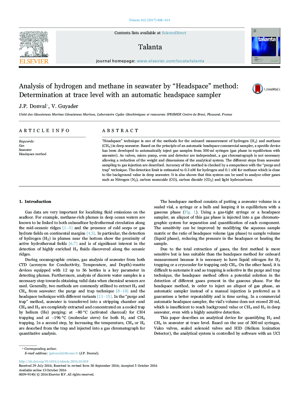 Analysis of hydrogen and methane in seawater by “Headspace” method: Determination at trace level with an automatic headspace sampler