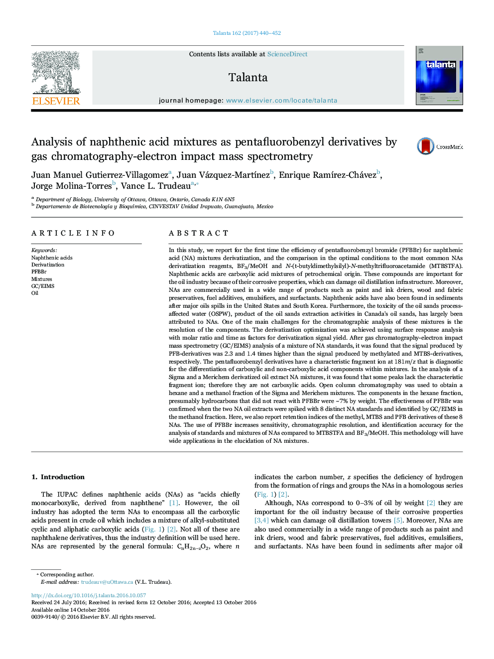 Analysis of naphthenic acid mixtures as pentafluorobenzyl derivatives by gas chromatography-electron impact mass spectrometry