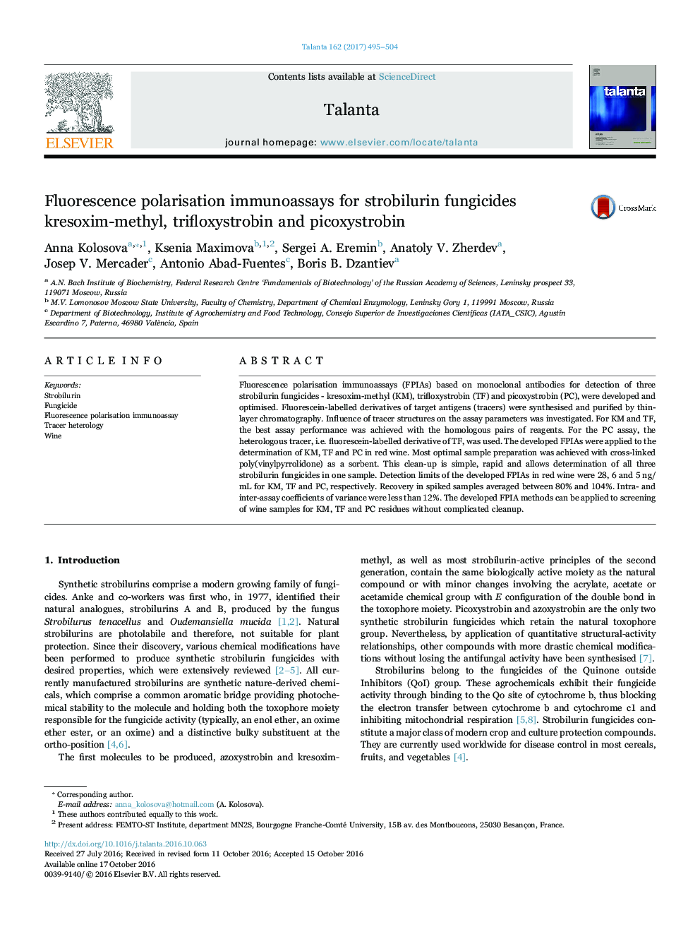 Fluorescence polarisation immunoassays for strobilurin fungicides kresoxim-methyl, trifloxystrobin and picoxystrobin