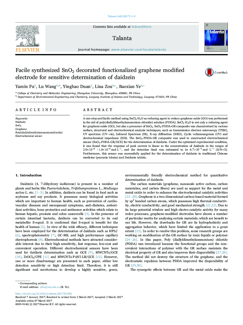 Facile synthesized SnO2 decorated functionalized graphene modified electrode for sensitive determination of daidzein