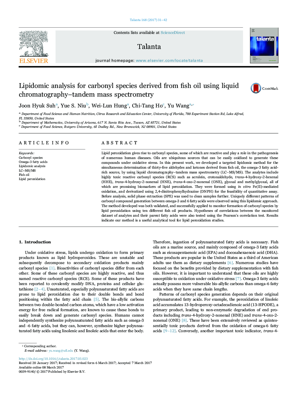 Lipidomic analysis for carbonyl species derived from fish oil using liquid chromatography-tandem mass spectrometry