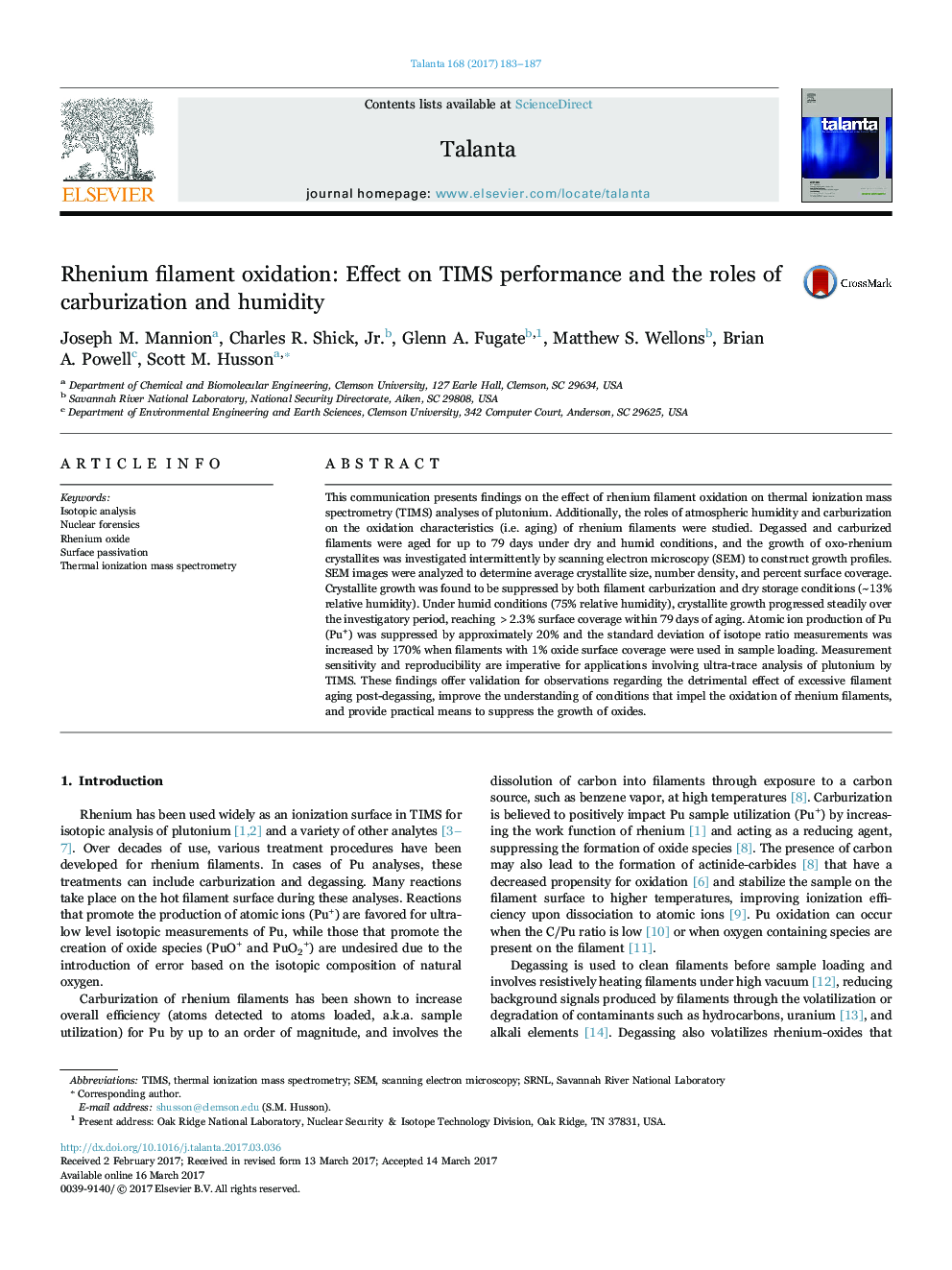 Rhenium filament oxidation: Effect on TIMS performance and the roles of carburization and humidity