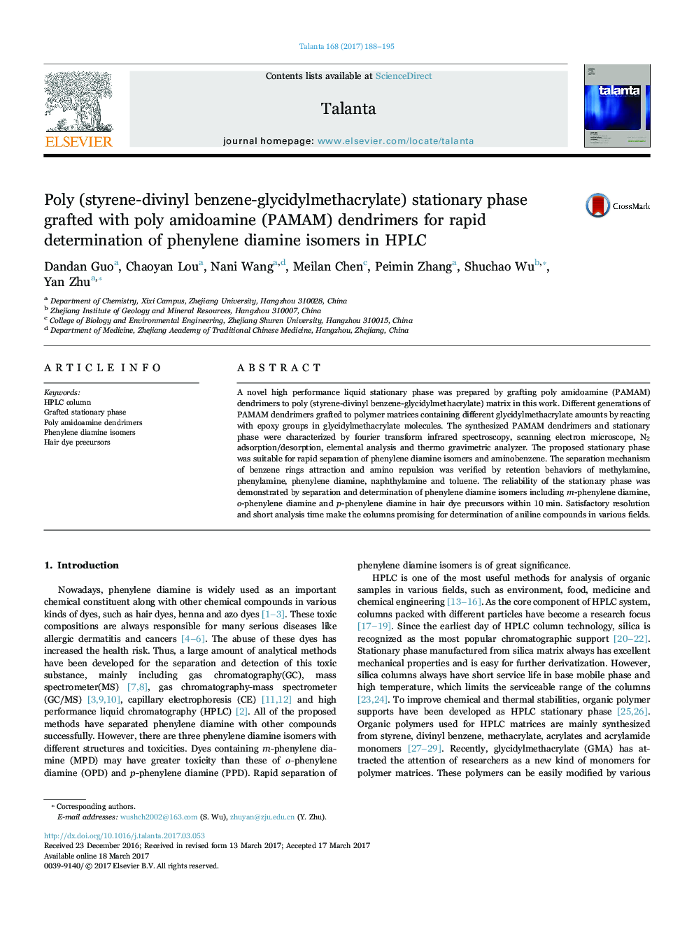 عکس صفحه اول مقاله: Poly (styrene-divinyl benzene-glycidylmethacrylate) stationary phase grafted with poly amidoamine (PAMAM) dendrimers for rapid determination of phenylene diamine isomers in HPLC Poly (styrene-divinyl benzene-glycidylmethacrylate) stationary phase grafted with poly amidoamine (PAMAM) dendrimers for rapid determination of phenylene diamine isomers in HPLC