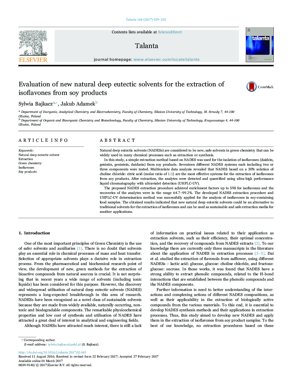 Evaluation of new natural deep eutectic solvents for the extraction of isoflavones from soy products