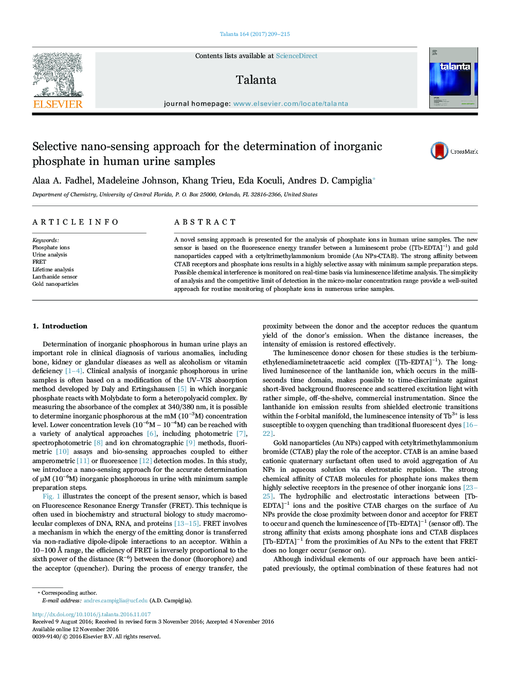 Selective nano-sensing approach for the determination of inorganic phosphate in human urine samples