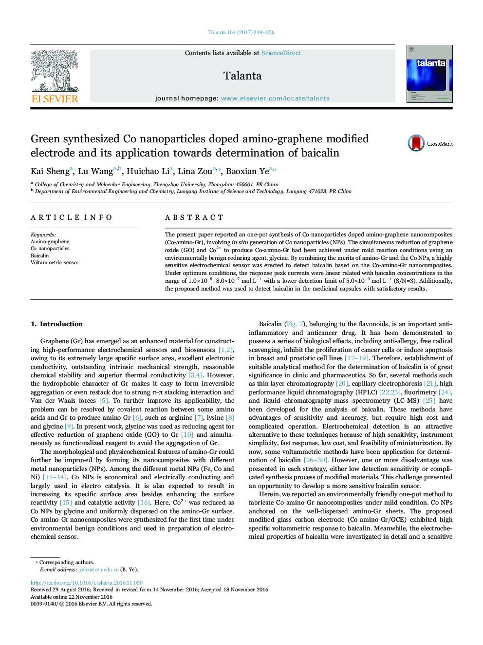 Green synthesized Co nanoparticles doped amino-graphene modified electrode and its application towards determination of baicalin