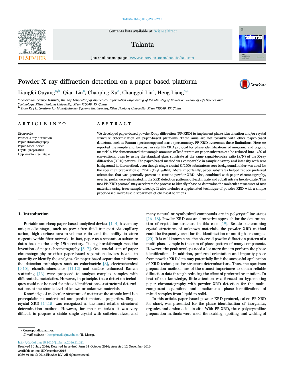 Powder X-ray diffraction detection on a paper-based platform