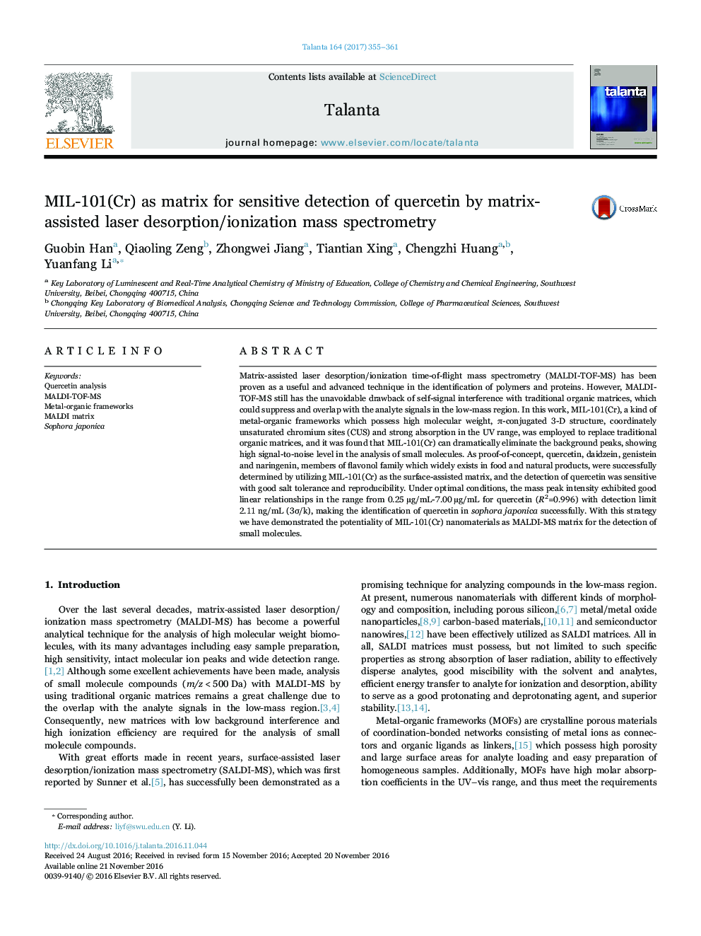 MIL-101(Cr) as matrix for sensitive detection of quercetin by matrix-assisted laser desorption/ionization mass spectrometry