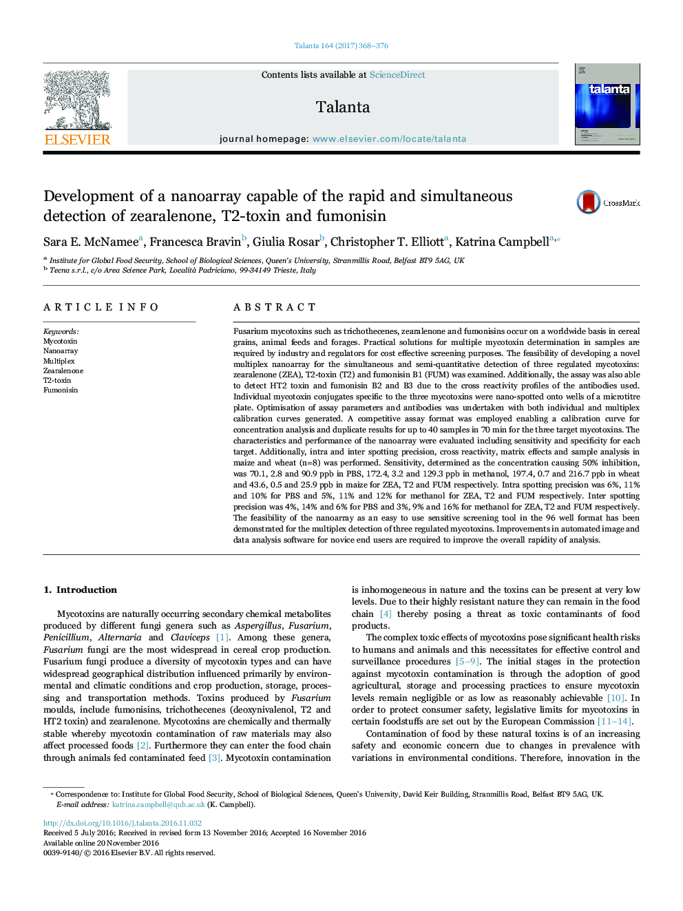 Development of a nanoarray capable of the rapid and simultaneous detection of zearalenone, T2-toxin and fumonisin