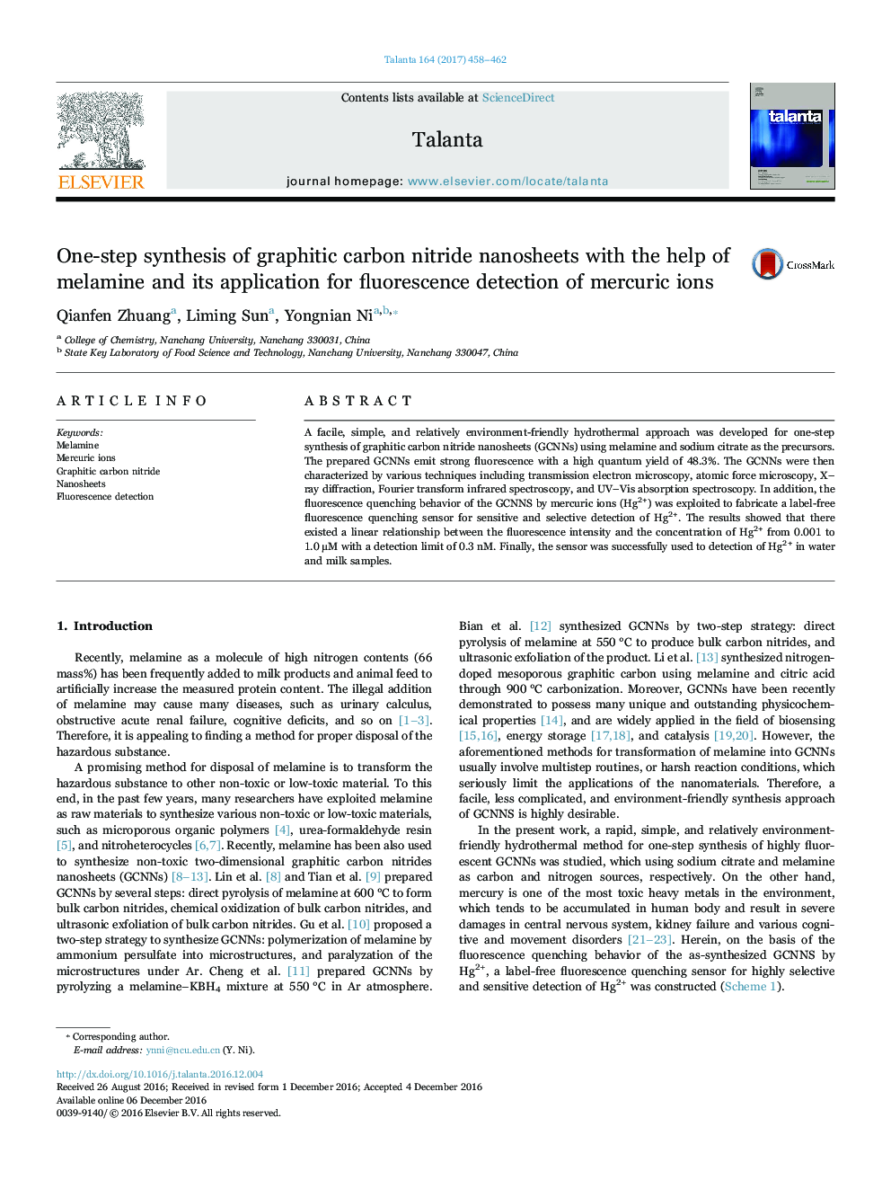 One-step synthesis of graphitic carbon nitride nanosheets with the help of melamine and its application for fluorescence detection of mercuric ions