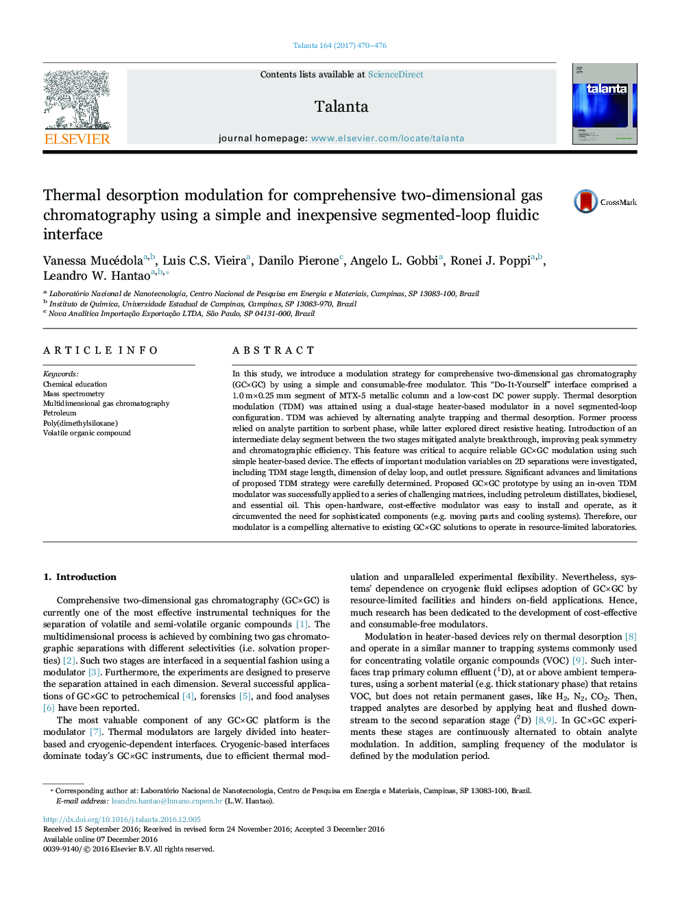 Thermal desorption modulation for comprehensive two-dimensional gas chromatography using a simple and inexpensive segmented-loop fluidic interface