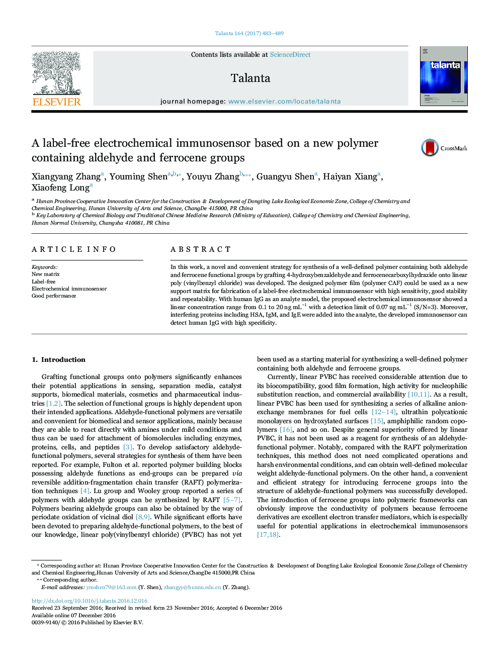 A label-free electrochemical immunosensor based on a new polymer containing aldehyde and ferrocene groups