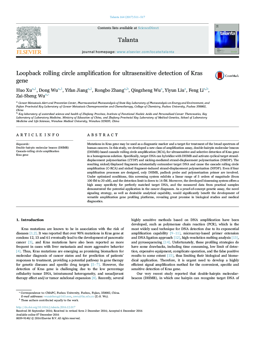 Loopback rolling circle amplification for ultrasensitive detection of Kras gene