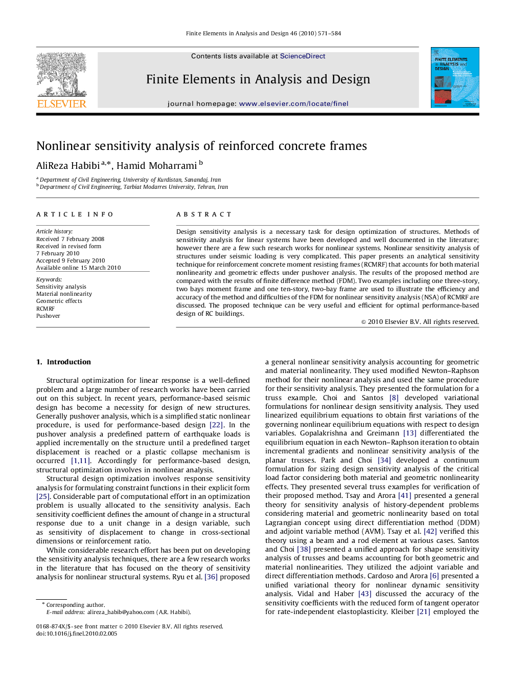 Nonlinear sensitivity analysis of reinforced concrete frames