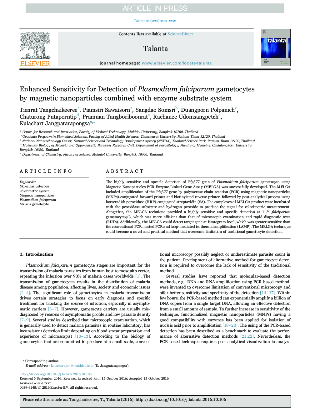 Enhanced Sensitivity for Detection of Plasmodium falciparum gametocytes by magnetic nanoparticles combined with enzyme substrate system