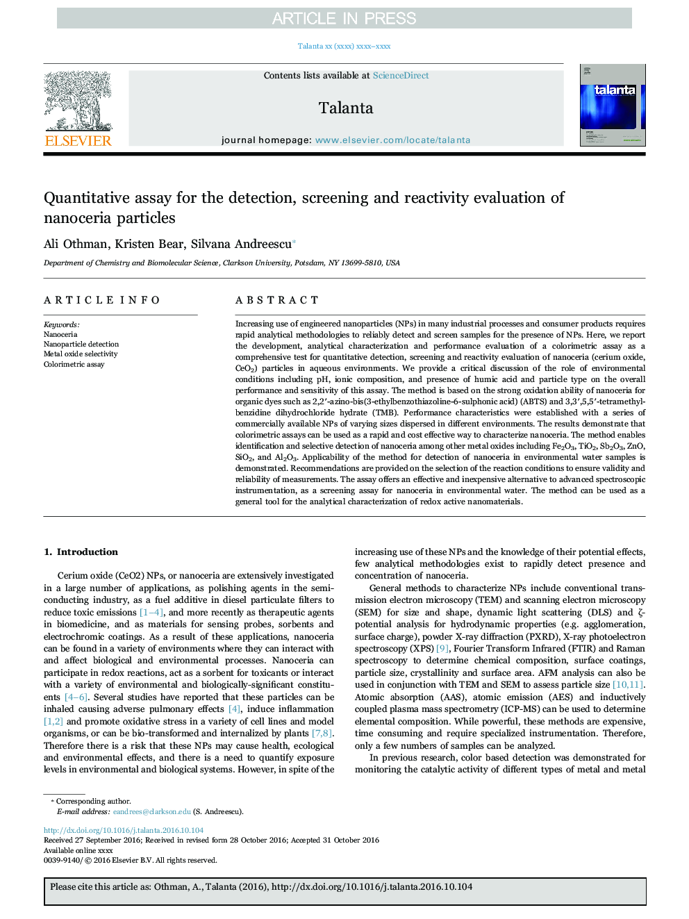 Quantitative assay for the detection, screening and reactivity evaluation of nanoceria particles