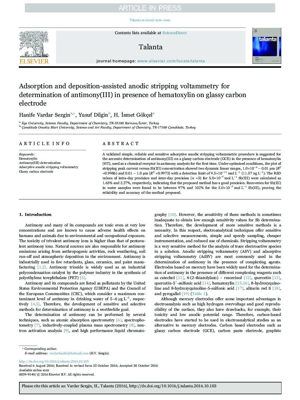 Adsorption and deposition-assisted anodic stripping voltammetry for determination of antimony(III) in presence of hematoxylin on glassy carbon electrode