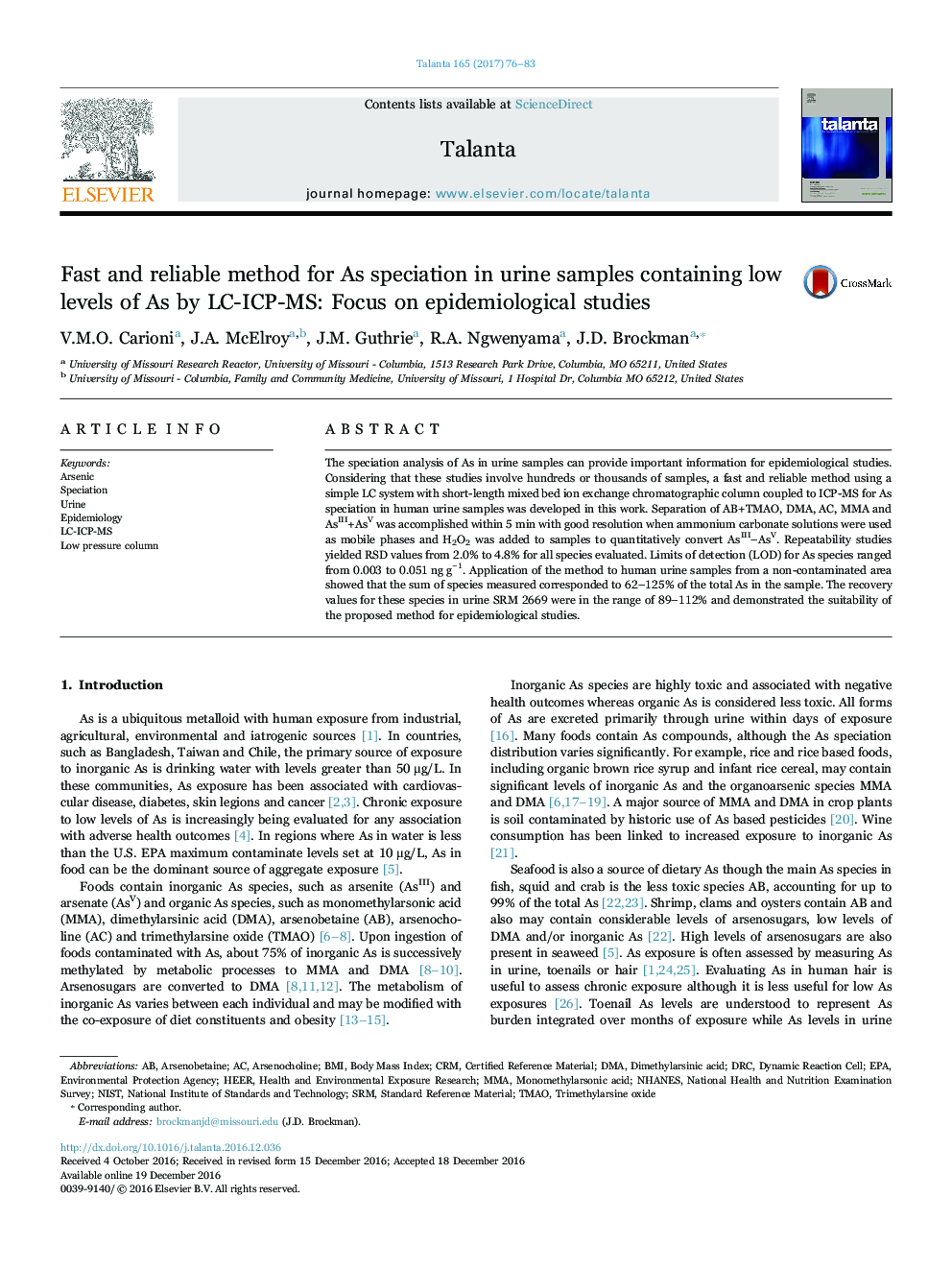 Fast and reliable method for As speciation in urine samples containing low levels of As by LC-ICP-MS: Focus on epidemiological studies