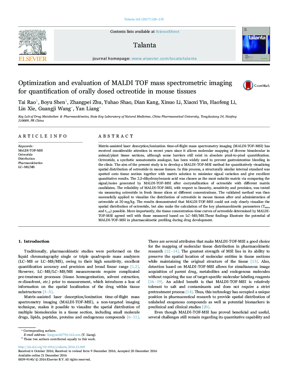 Optimization and evaluation of MALDI TOF mass spectrometric imaging for quantification of orally dosed octreotide in mouse tissues