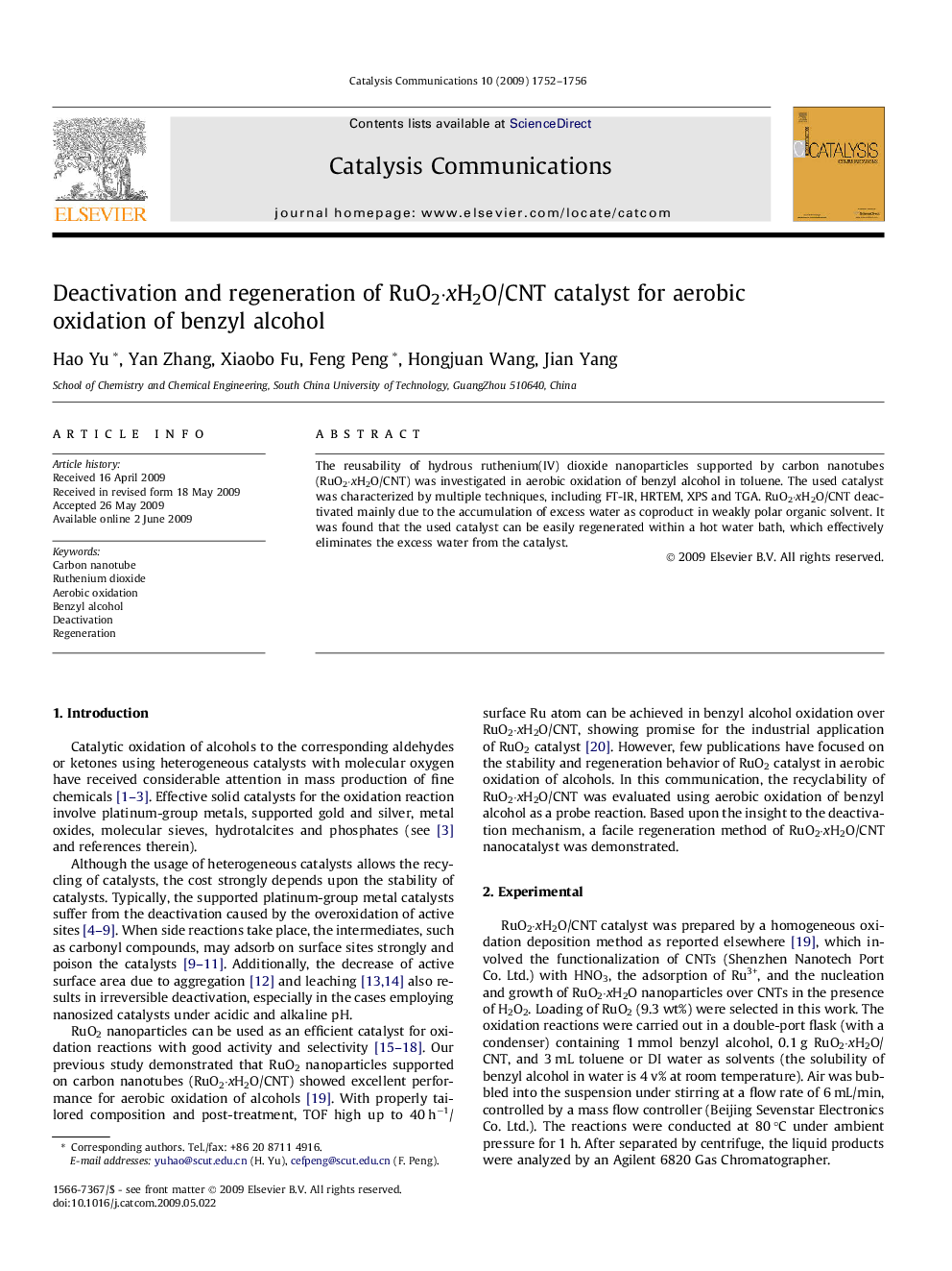 Deactivation and regeneration of RuO2·xH2O/CNT catalyst for aerobic oxidation of benzyl alcohol