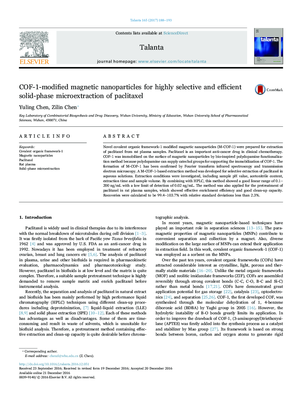 COF-1-modified magnetic nanoparticles for highly selective and efficient solid-phase microextraction of paclitaxel