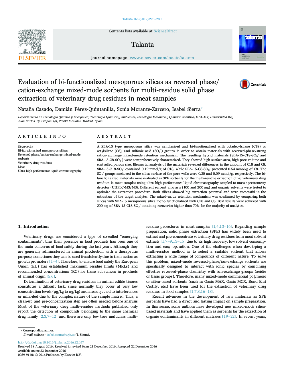 Evaluation of bi-functionalized mesoporous silicas as reversed phase/cation-exchange mixed-mode sorbents for multi-residue solid phase extraction of veterinary drug residues in meat samples