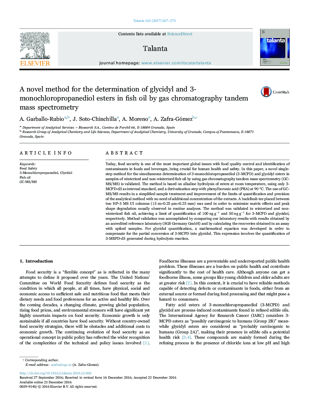 A novel method for the determination of glycidyl and 3-monochloropropanediol esters in fish oil by gas chromatography tandem mass spectrometry