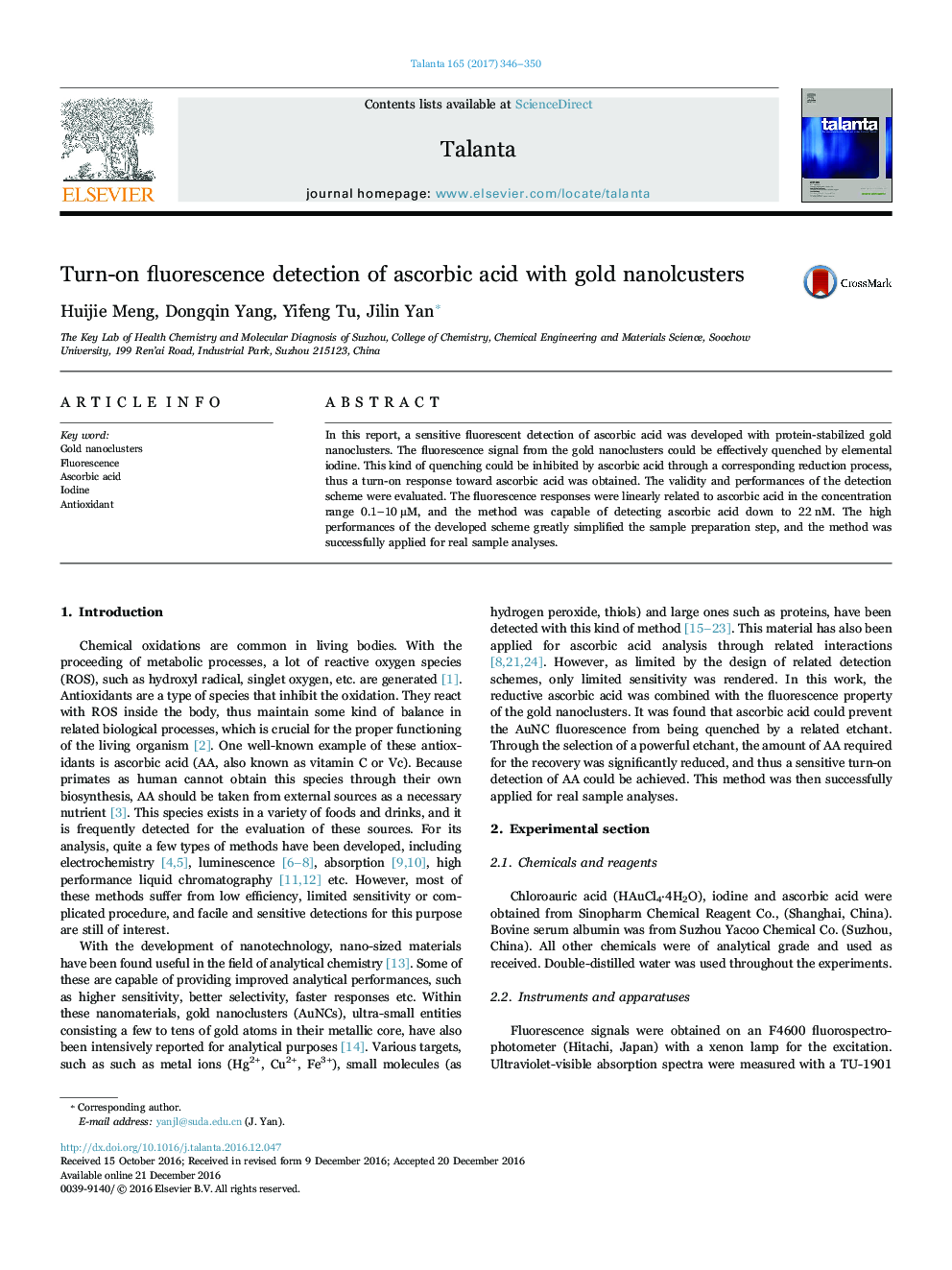 Turn-on fluorescence detection of ascorbic acid with gold nanolcusters