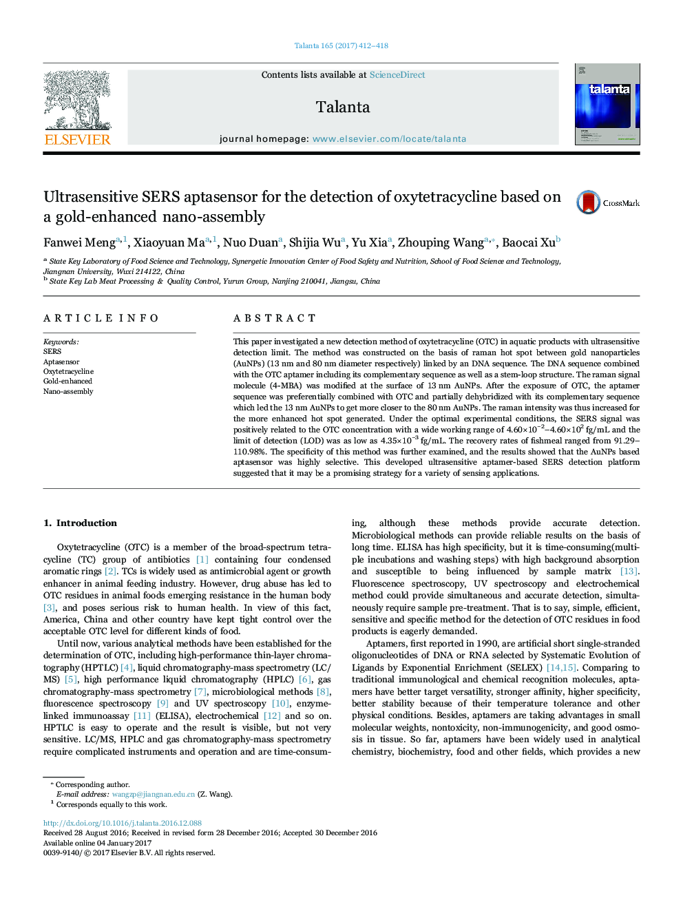 Ultrasensitive SERS aptasensor for the detection of oxytetracycline based on a gold-enhanced nano-assembly