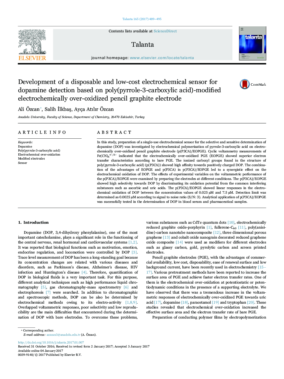 Development of a disposable and low-cost electrochemical sensor for dopamine detection based on poly(pyrrole-3-carboxylic acid)-modified electrochemically over-oxidized pencil graphite electrode