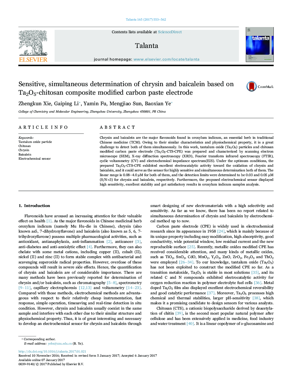 Sensitive, simultaneous determination of chrysin and baicalein based on Ta2O5-chitosan composite modified carbon paste electrode