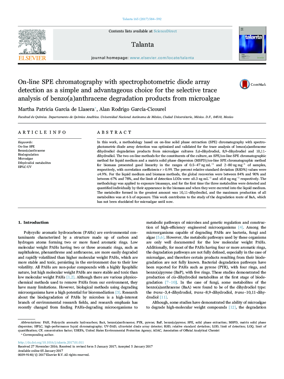 On-line SPE chromatography with spectrophotometric diode array detection as a simple and advantageous choice for the selective trace analysis of benzo(a)anthracene degradation products from microalgae