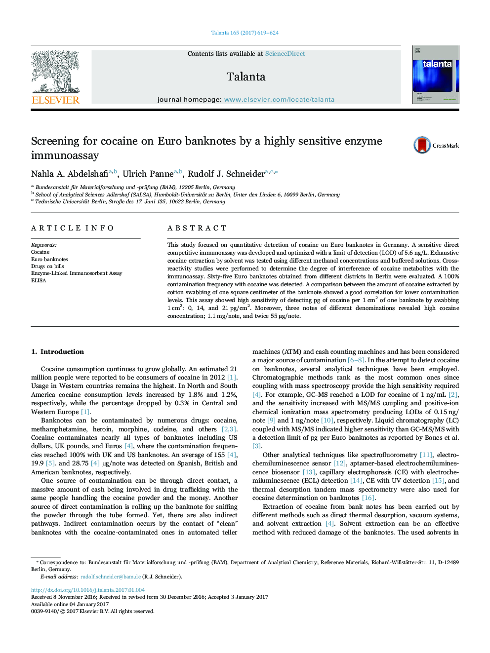 Screening for cocaine on Euro banknotes by a highly sensitive enzyme immunoassay