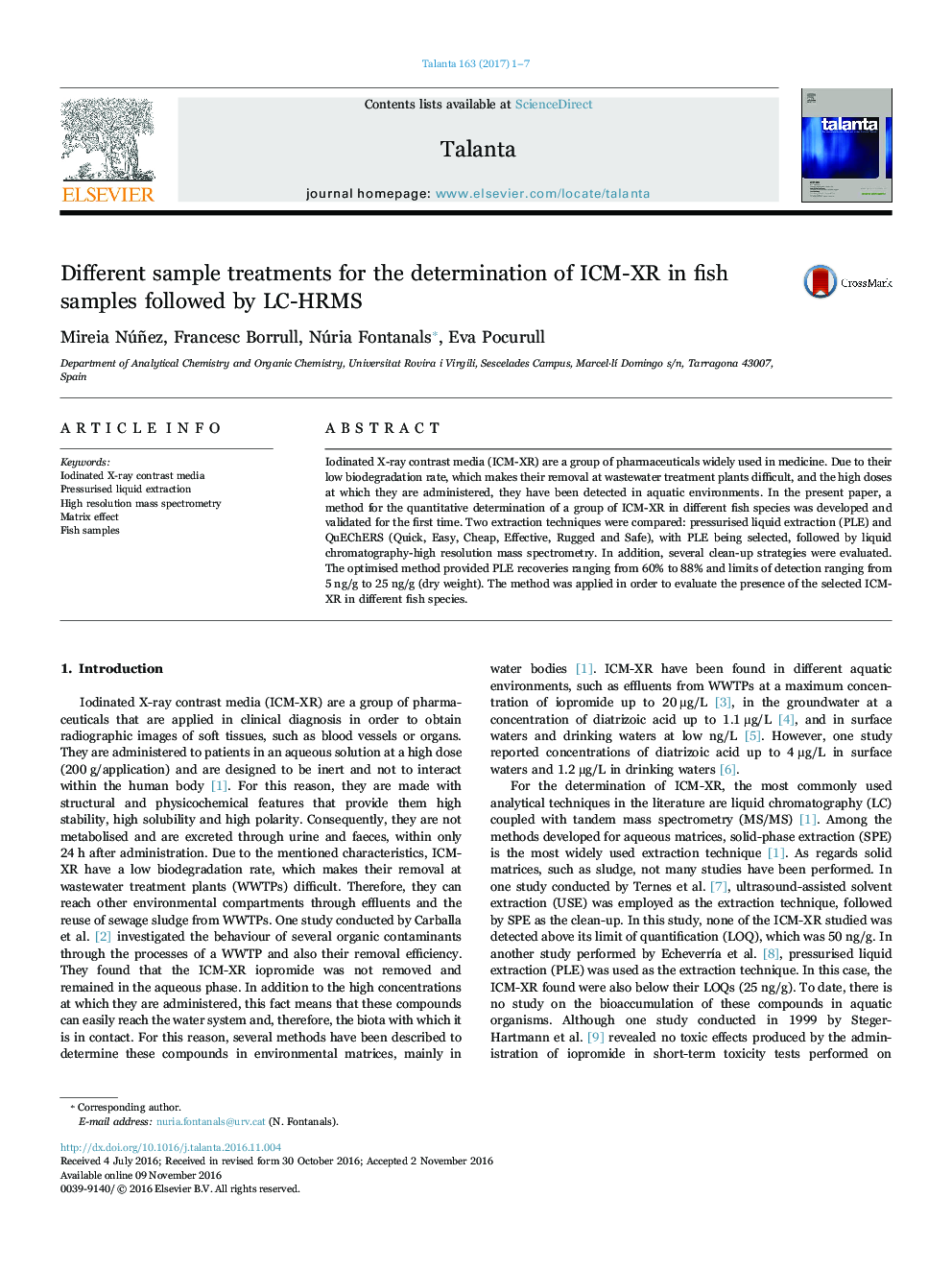 Different sample treatments for the determination of ICM-XR in fish samples followed by LC-HRMS