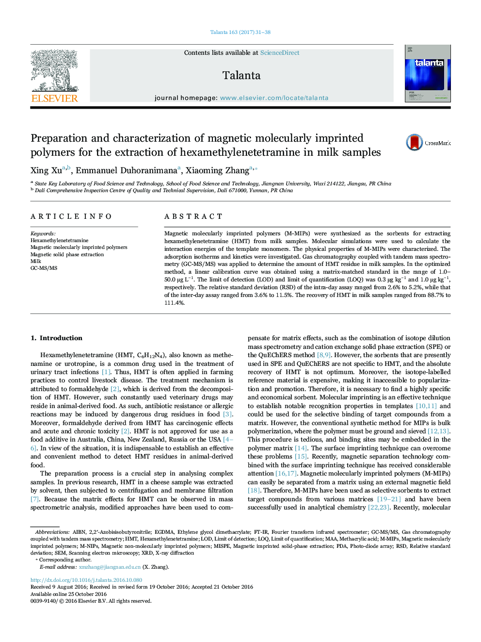 Preparation and characterization of magnetic molecularly imprinted polymers for the extraction of hexamethylenetetramine in milk samples