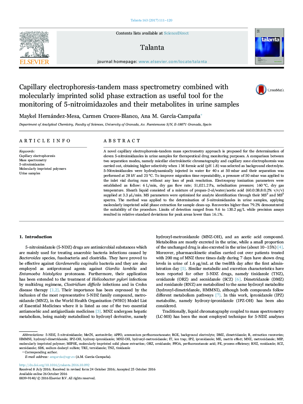 Capillary electrophoresis-tandem mass spectrometry combined with molecularly imprinted solid phase extraction as useful tool for the monitoring of 5-nitroimidazoles and their metabolites in urine samples