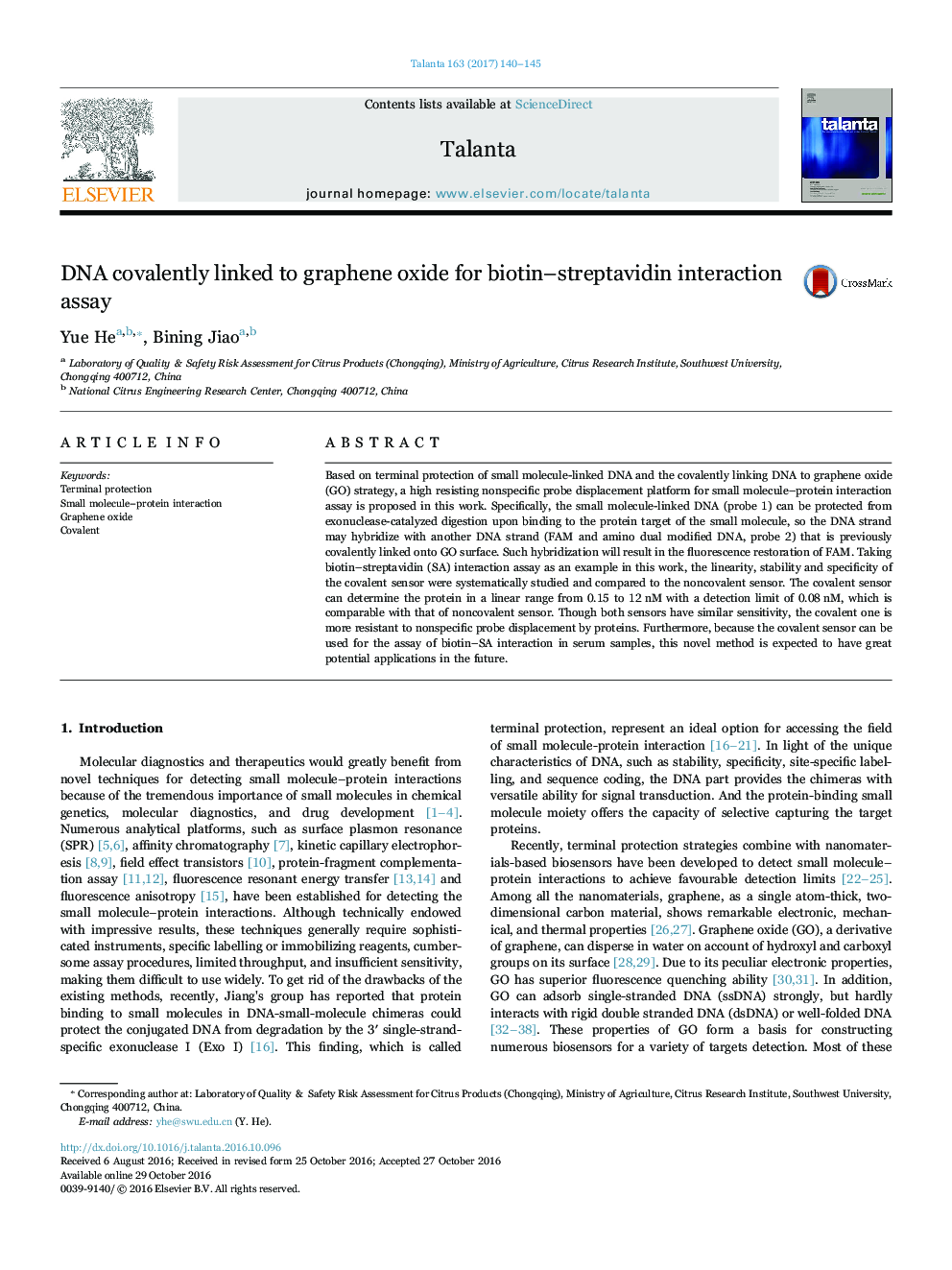 DNA covalently linked to graphene oxide for biotin-streptavidin interaction assay