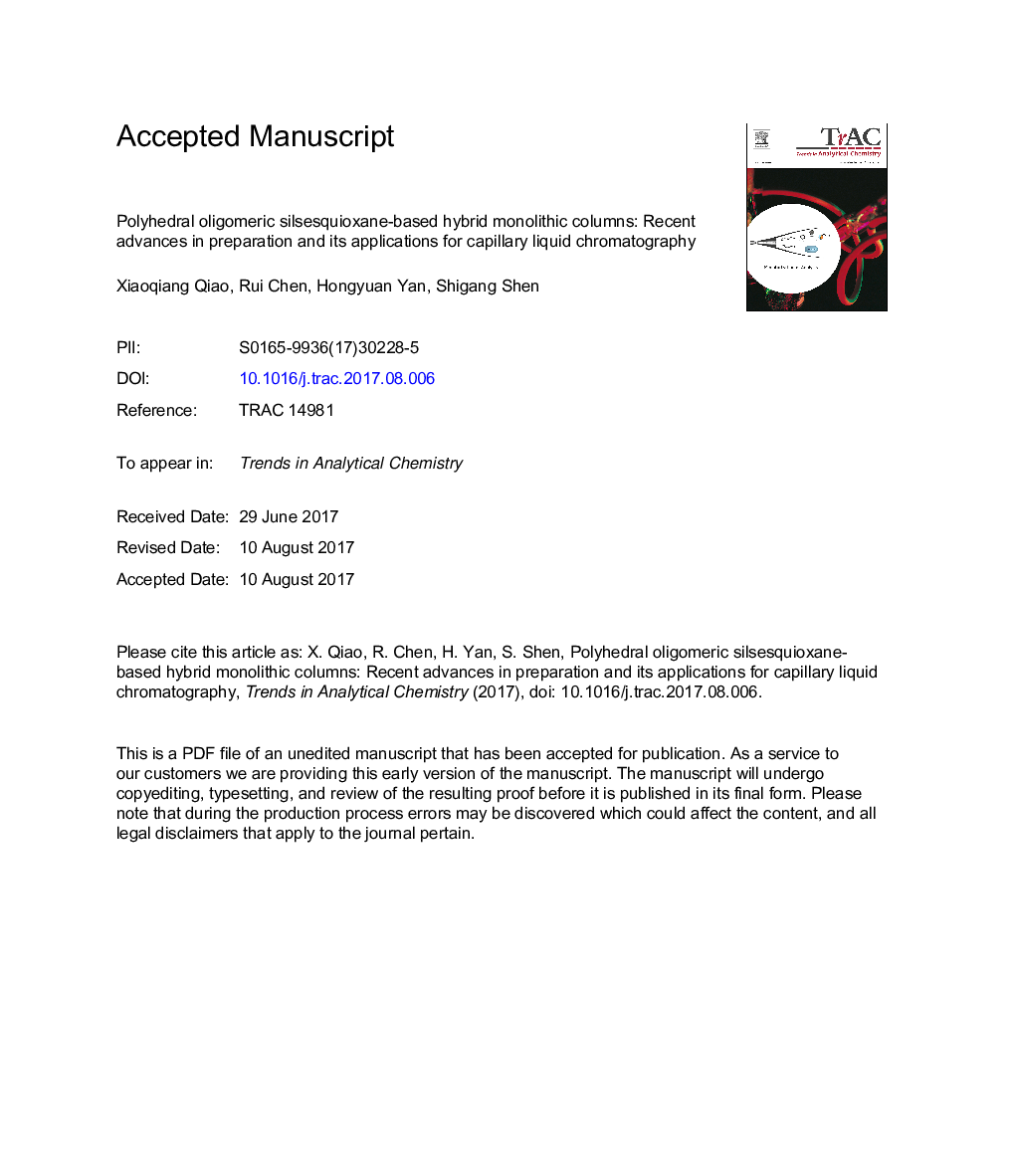 Polyhedral oligomeric silsesquioxane-based hybrid monolithic columns: Recent advances in their preparation and their applications in capillary liquid chromatography