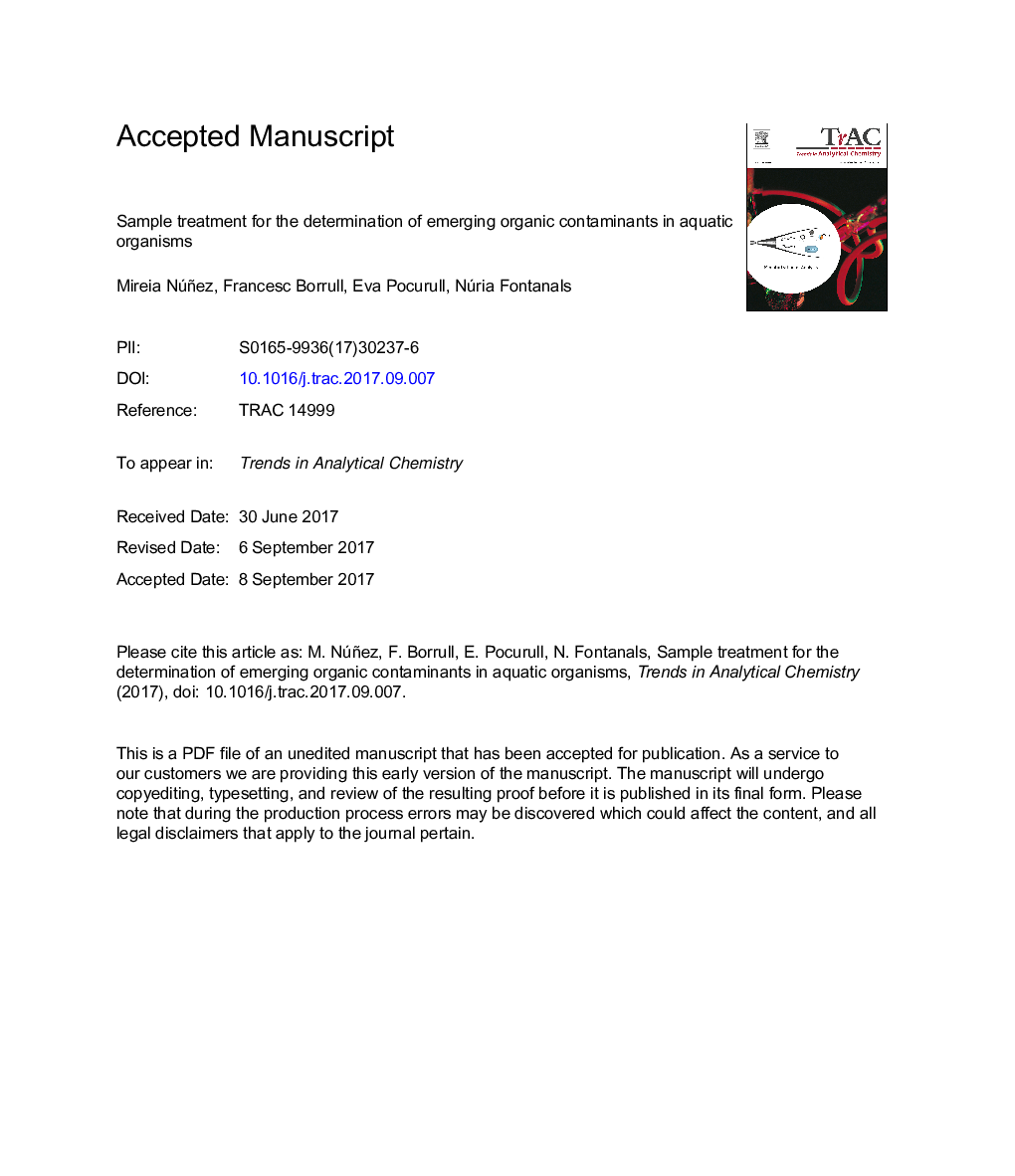 Sample treatment for the determination of emerging organic contaminants in aquatic organisms