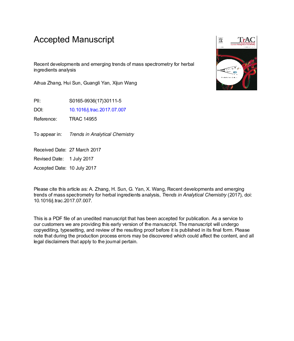 Recent developments and emerging trends of mass spectrometry for herbal ingredients analysis