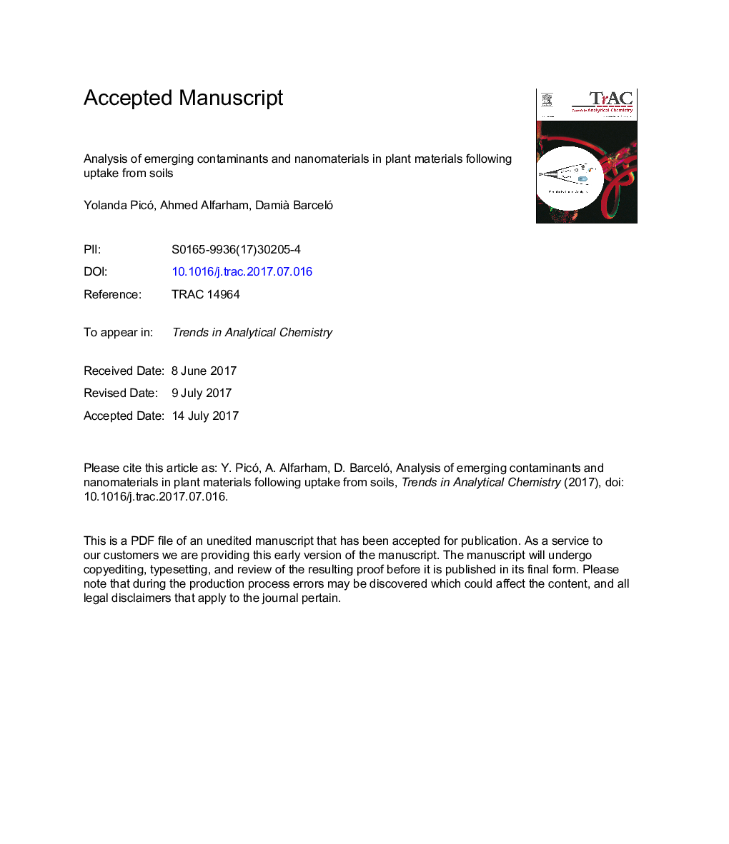 Analysis of emerging contaminants and nanomaterials in plant materials following uptake from soils