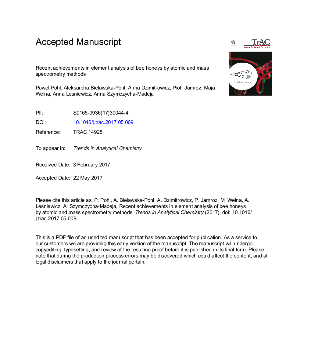 Recent achievements in element analysis of bee honeys by atomic and mass spectrometry methods