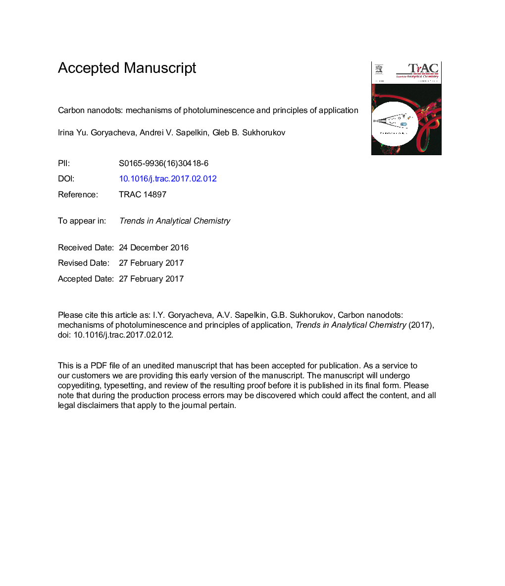 Carbon nanodots: Mechanisms of photoluminescence and principles of application