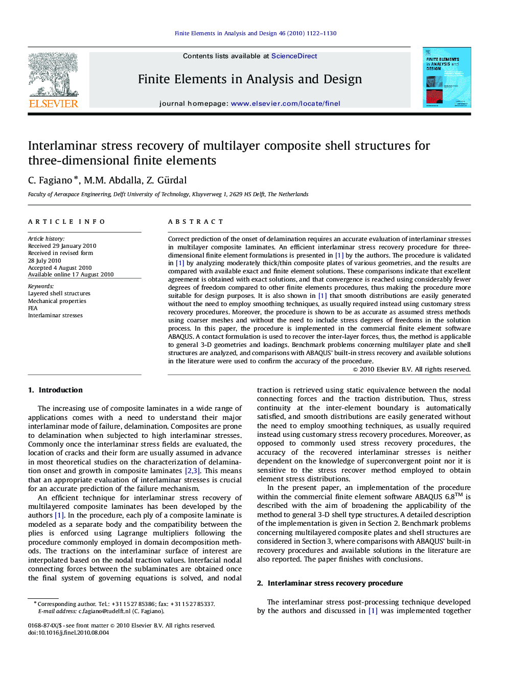 Interlaminar stress recovery of multilayer composite shell structures for three-dimensional finite elements