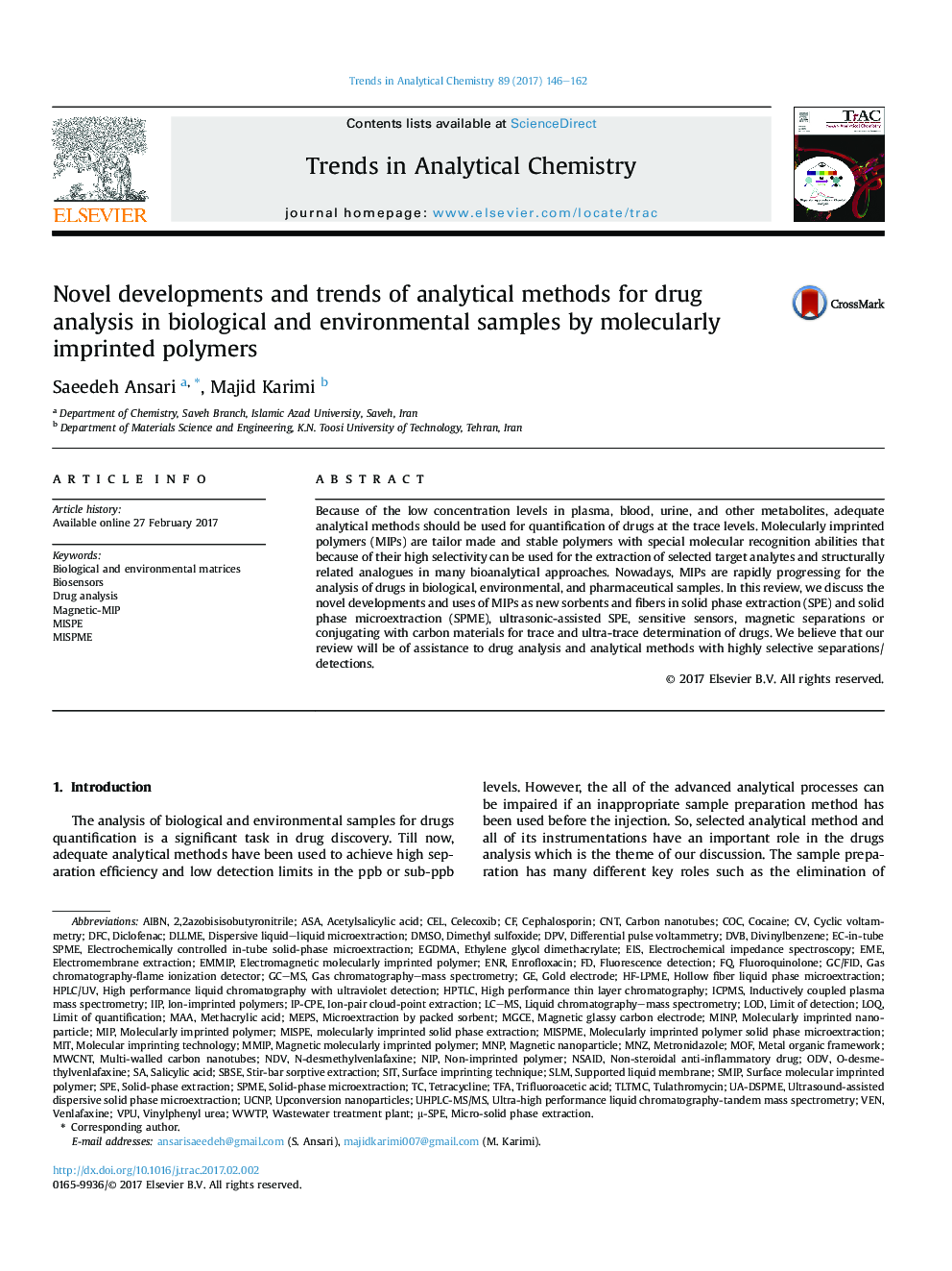 Novel developments and trends of analytical methods for drug analysis in biological and environmental samples by molecularly imprinted polymers