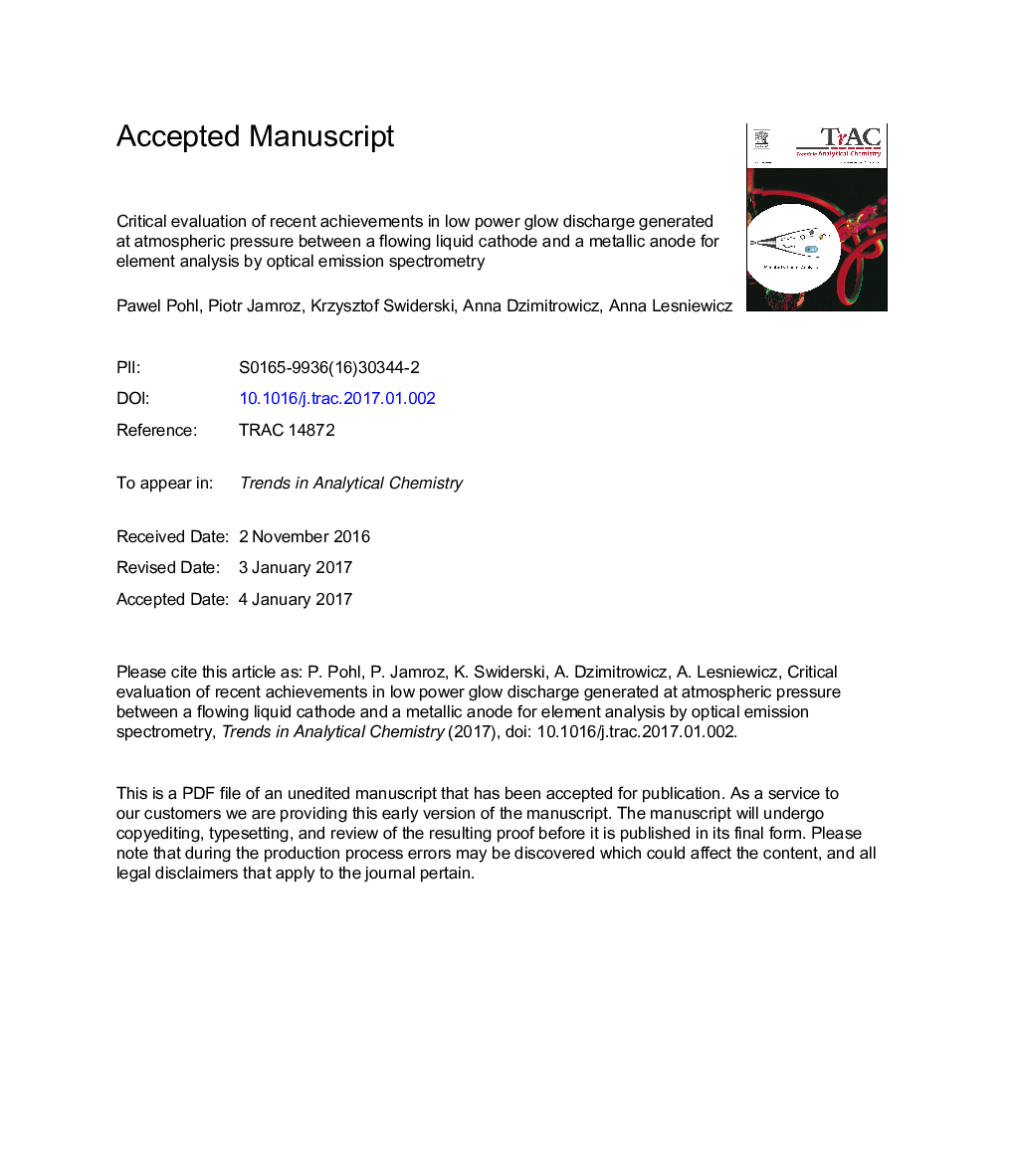 Critical evaluation of recent achievements in low power glow discharge generated at atmospheric pressure between a flowing liquid cathode and a metallic anode for element analysis by optical emission spectrometry