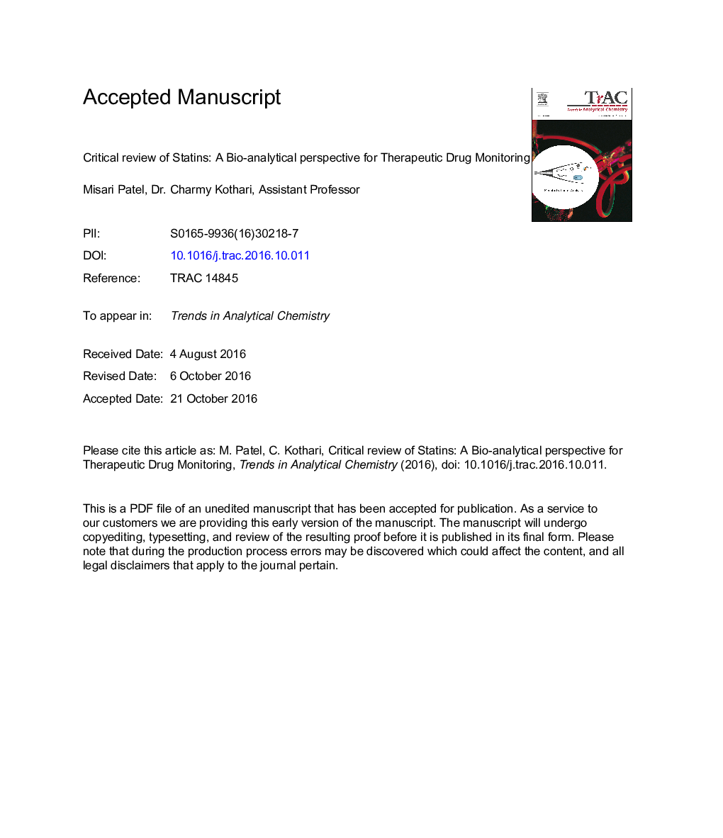 Critical review of statins: A bio-analytical perspective forÂ therapeuticÂ drug monitoring