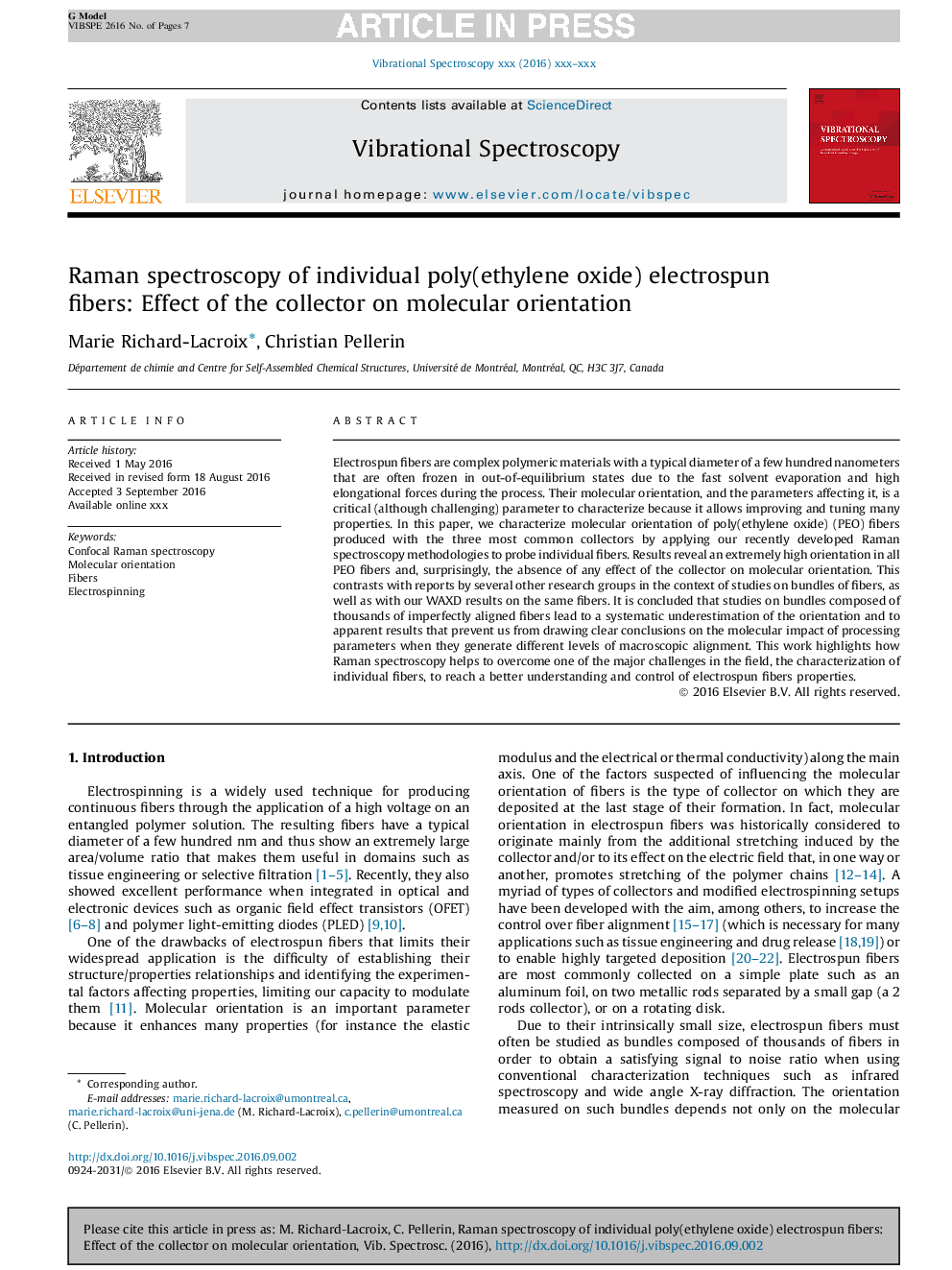 Raman spectroscopy of individual poly(ethylene oxide) electrospun fibers: Effect of the collector on molecular orientation