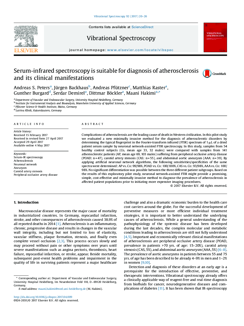 Serum-infrared spectroscopy is suitable for diagnosis of atherosclerosis and its clinical manifestations